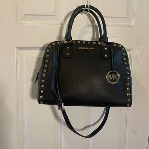 Michael Kors Black leather Dome Satchel/ shoulder bag gold tone studs accents